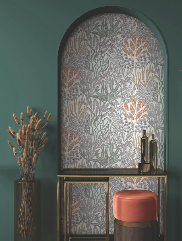 Coral Leaves Coral Black Wallpaper with Modern Toile Sea Botanical Pattern - York RT7801