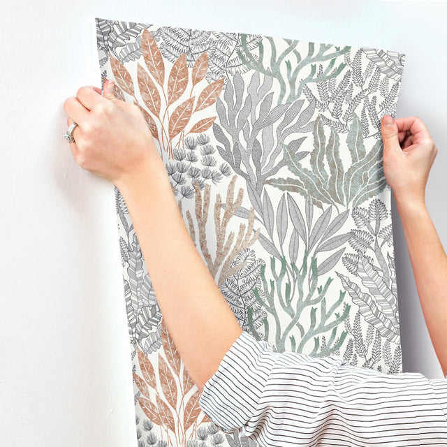 Coral Leaves Coral Black Wallpaper with Modern Toile Sea Botanical Pattern - York RT7801