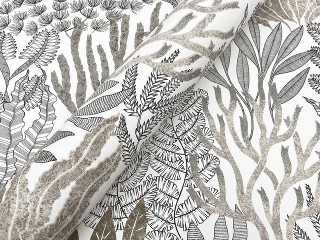 Coral Leaves Taupe & Black Wallpaper with Modern Toile Botanical Pattern - York RT7802