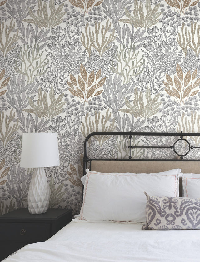 Coral Leaves Taupe & Black Wallpaper with Modern Toile Botanical Pattern - York RT7802