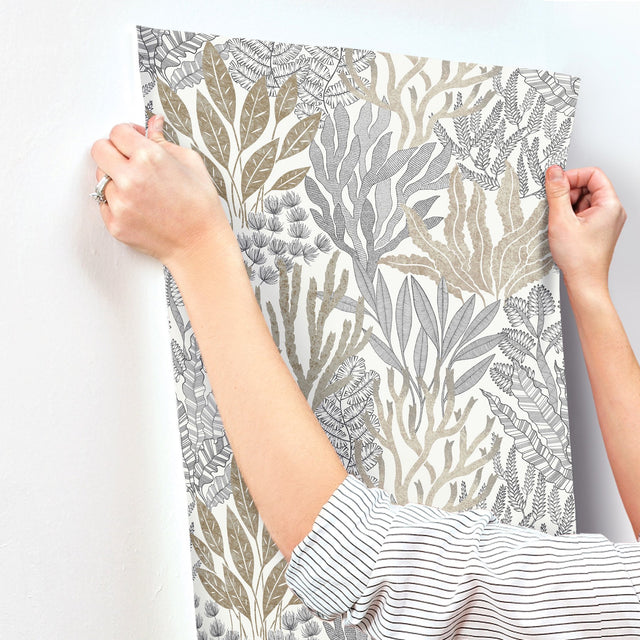 Coral Leaves Taupe & Black Wallpaper with Modern Toile Botanical Pattern - York RT7802