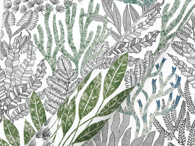 Coral Leaves Blue & Green Wallpaper with Modern Toile Botanical Pattern - York RT7803