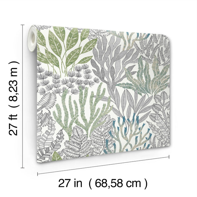 Coral Leaves Blue & Green Wallpaper with Modern Toile Botanical Pattern - York RT7803