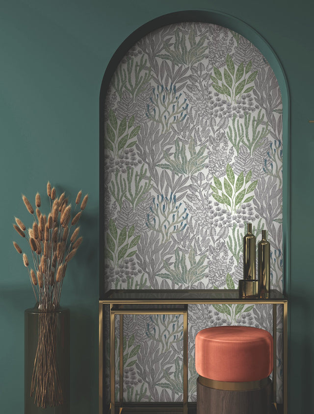 Coral Leaves Blue & Green Wallpaper with Modern Toile Botanical Pattern - York RT7803