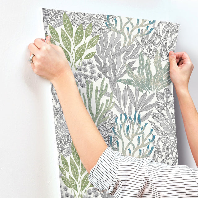 Coral Leaves Blue & Green Wallpaper with Modern Toile Botanical Pattern - York RT7803