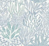 Coral Leaves Blue & Aqua Wallpaper with Modern Toile Botanical Pattern - York RT7804