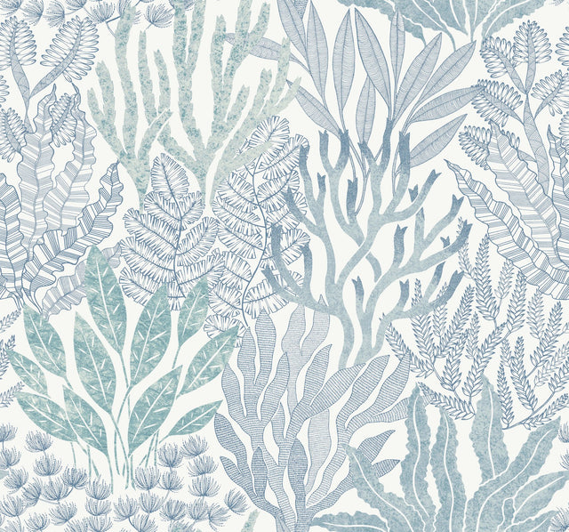 Coral Leaves Blue & Aqua Wallpaper with Modern Toile Botanical Pattern - York RT7804