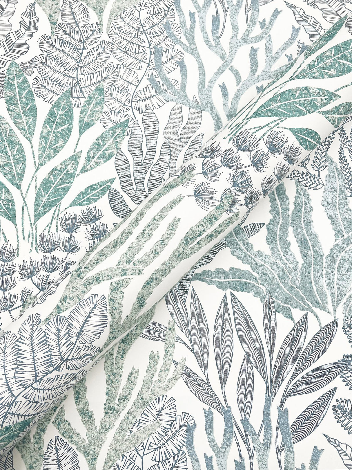 Coral Leaves Blue & Aqua Wallpaper with Modern Toile Botanical Pattern - York RT7804