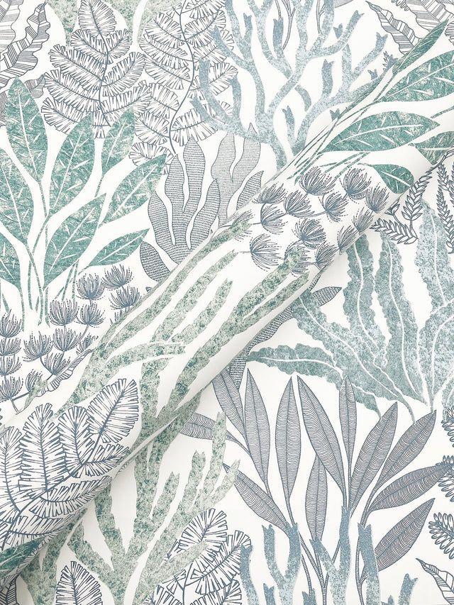 Coral Leaves Blue & Aqua Wallpaper with Modern Toile Botanical Pattern - York RT7804
