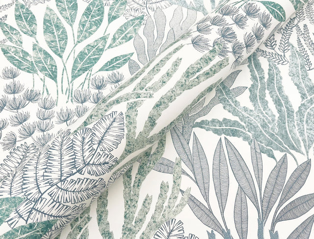 Coral Leaves Blue & Aqua Wallpaper with Modern Toile Botanical Pattern - York RT7804