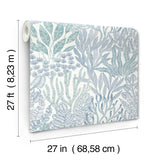 Coral Leaves Blue & Aqua Wallpaper with Modern Toile Botanical Pattern - York RT7804
