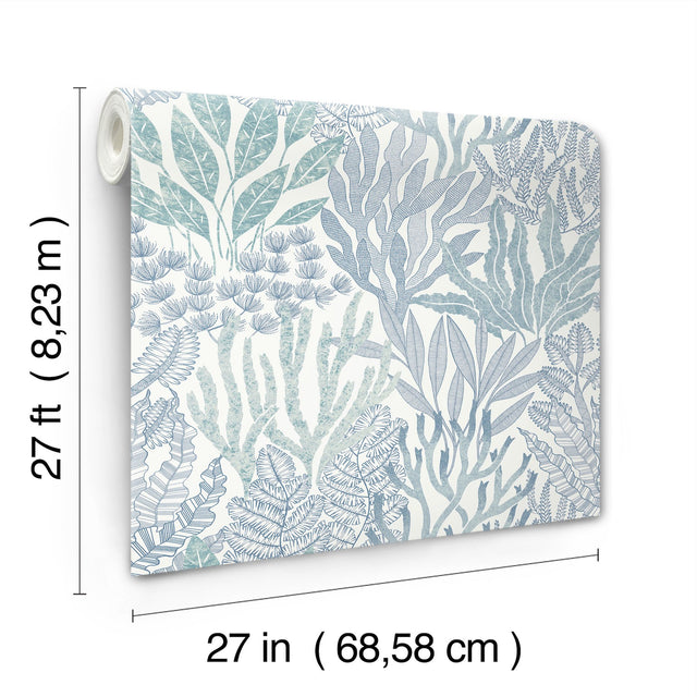 Coral Leaves Blue & Aqua Wallpaper with Modern Toile Botanical Pattern - York RT7804