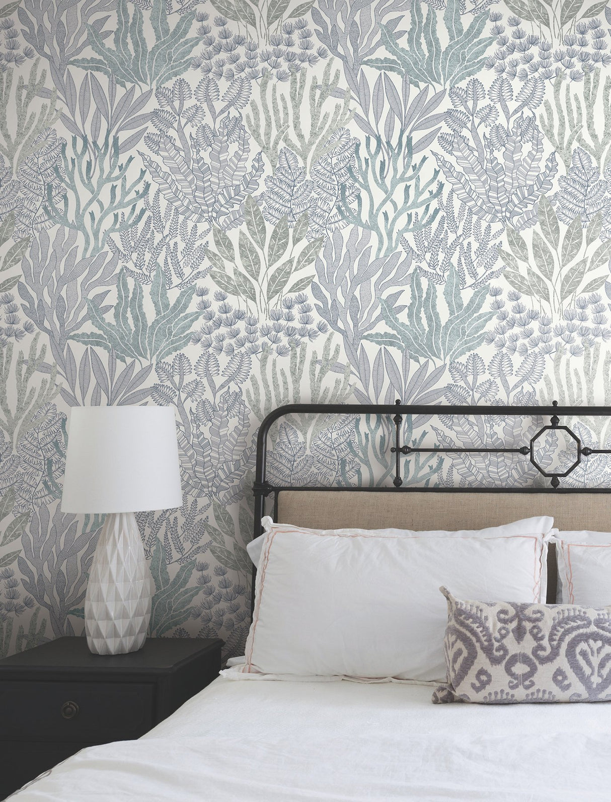 Coral Leaves Blue & Aqua Wallpaper with Modern Toile Botanical Pattern - York RT7804