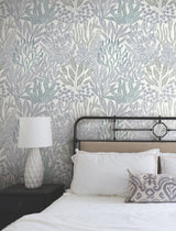 Coral Leaves Blue & Aqua Wallpaper with Modern Toile Botanical Pattern - York RT7804