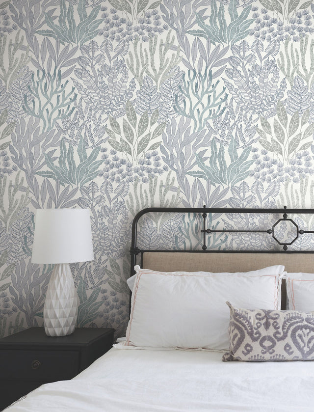 Coral Leaves Blue & Aqua Wallpaper with Modern Toile Botanical Pattern - York RT7804