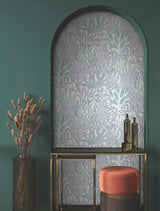 Coral Leaves Blue & Aqua Wallpaper with Modern Toile Botanical Pattern - York RT7804
