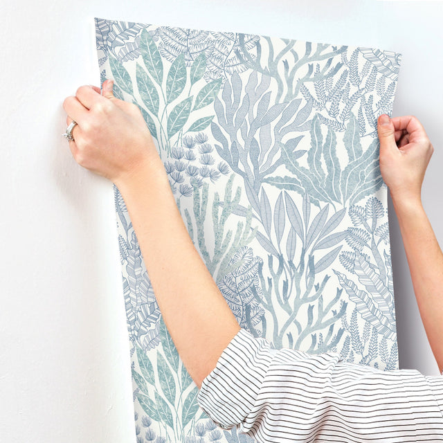 Coral Leaves Blue & Aqua Wallpaper with Modern Toile Botanical Pattern - York RT7804