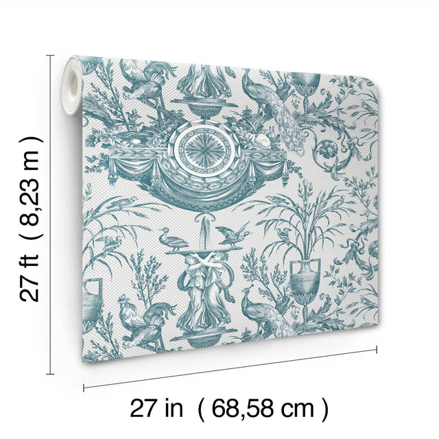 Avian Fountain Toile Jade Wallpaper with Traditional Toile Pattern - York RT7811