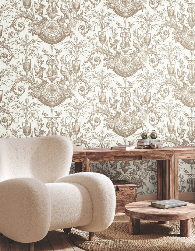 Avian Fountain Toile Mink Wallpaper with Traditional Toile Pattern - York RT7812