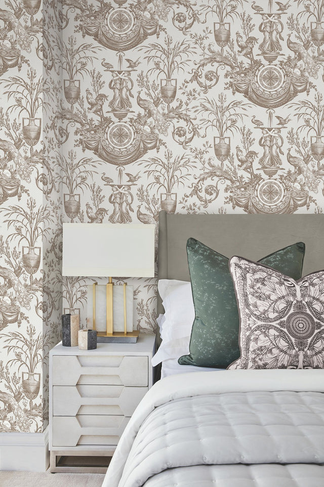 Avian Fountain Toile Mink Wallpaper with Traditional Toile Pattern - York RT7812