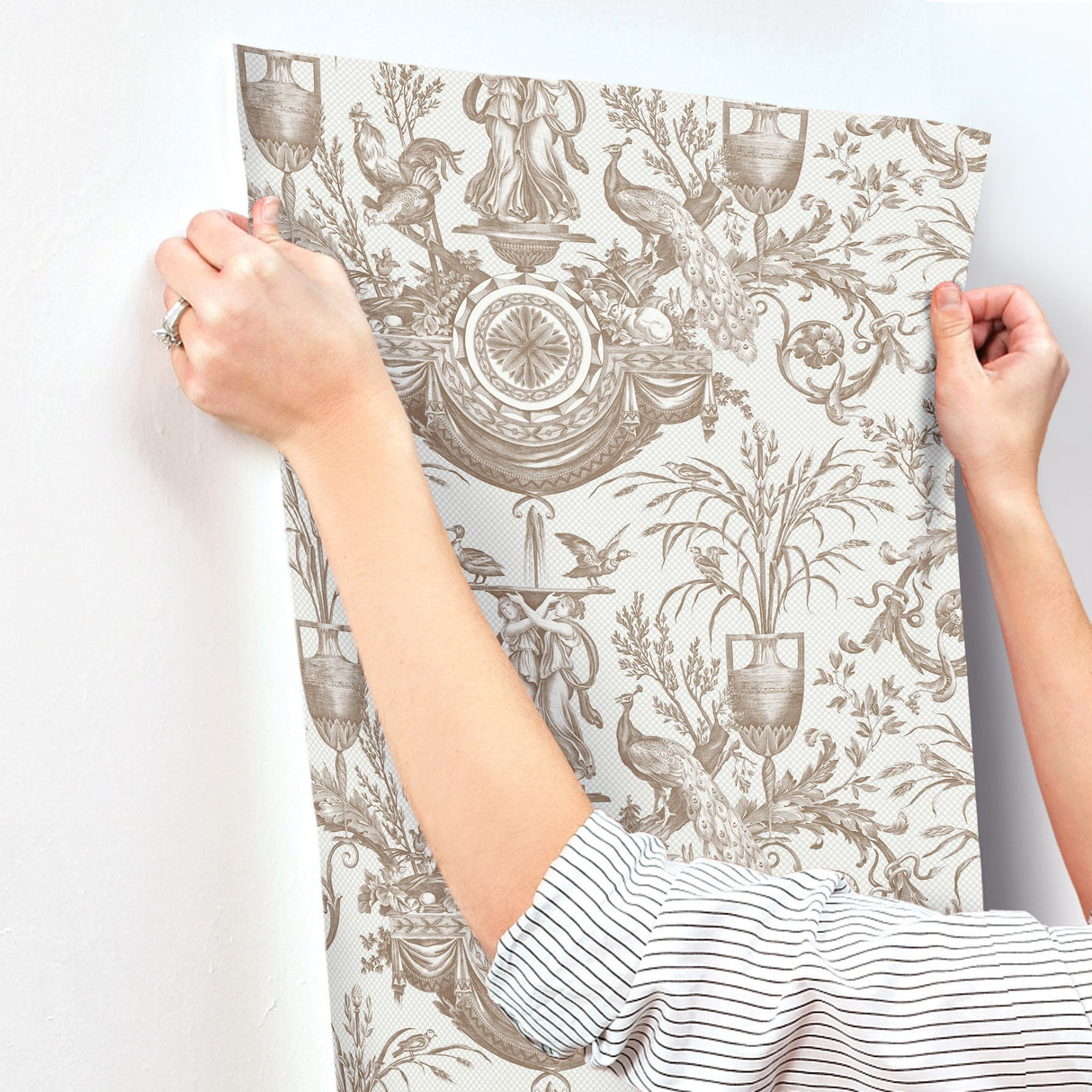 Avian Fountain Toile Mink Wallpaper with Traditional Toile Pattern - York RT7812