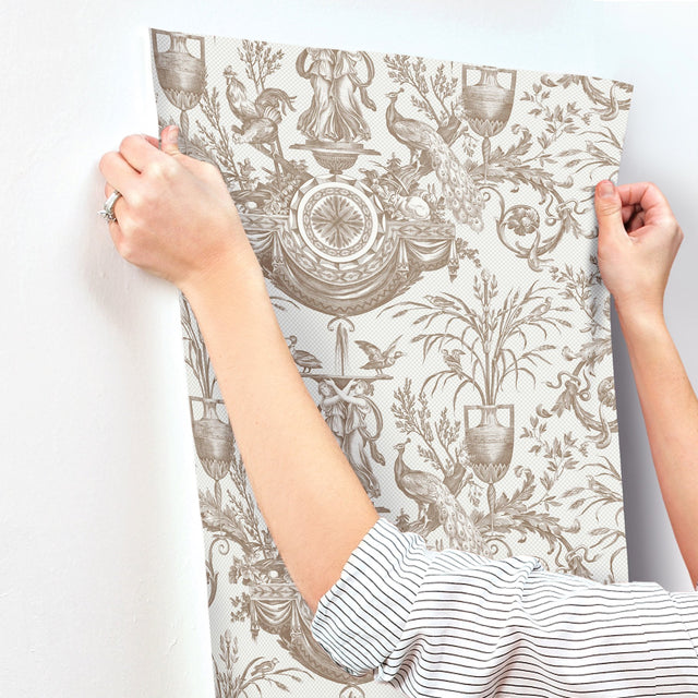Avian Fountain Toile Mink Wallpaper with Traditional Toile Pattern - York RT7812