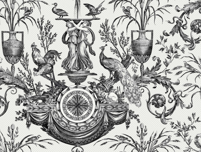 Avian Fountain Toile Black Wallpaper with Classical Toile Pattern - York RT7813