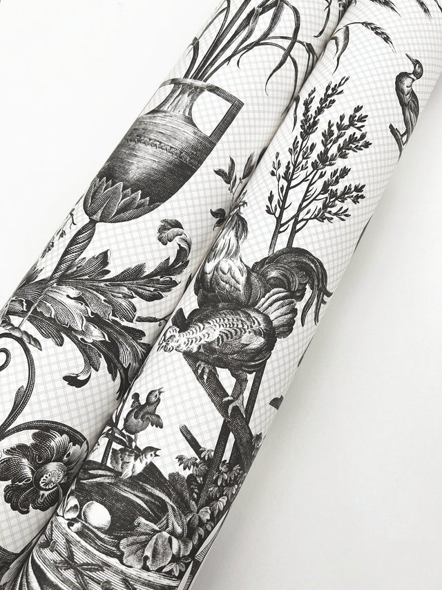 Avian Fountain Toile Black Wallpaper with Classical Toile Pattern - York RT7813