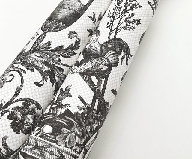 Avian Fountain Toile Black Wallpaper with Classical Toile Pattern - York RT7813