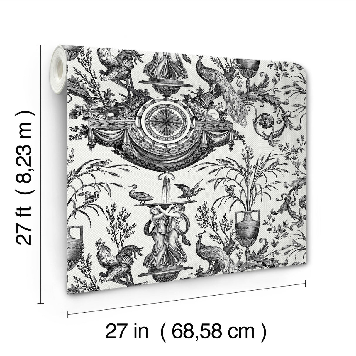 Avian Fountain Toile Black Wallpaper with Classical Toile Pattern - York RT7813