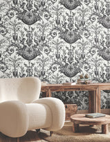 Avian Fountain Toile Black Wallpaper with Classical Toile Pattern - York RT7813