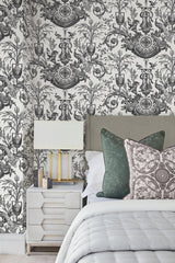 Avian Fountain Toile Black Wallpaper with Classical Toile Pattern - York RT7813