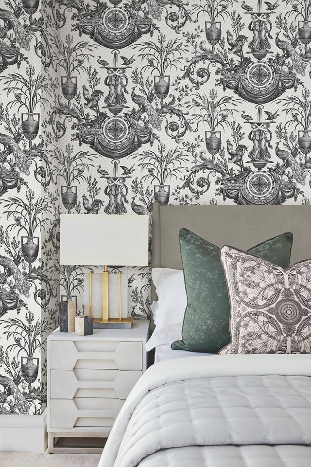 Avian Fountain Toile Black Wallpaper with Classical Toile Pattern - York RT7813