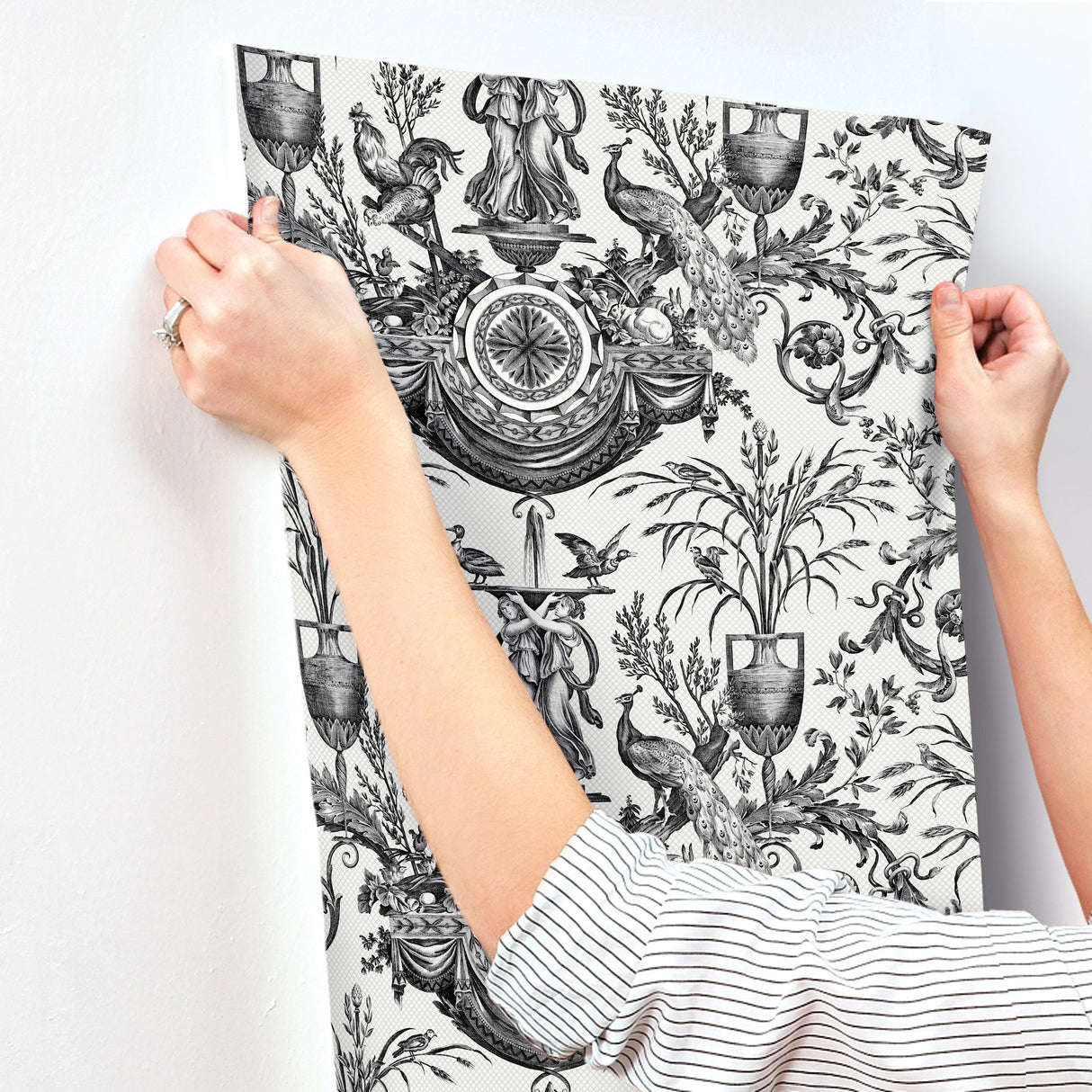 Avian Fountain Toile Black Wallpaper with Classical Toile Pattern - York RT7813