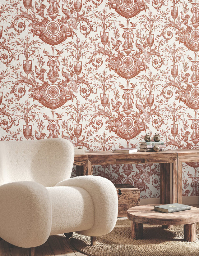 Avian Fountain Toile Brick Wallpaper with Traditional Toile Pattern - York RT7814