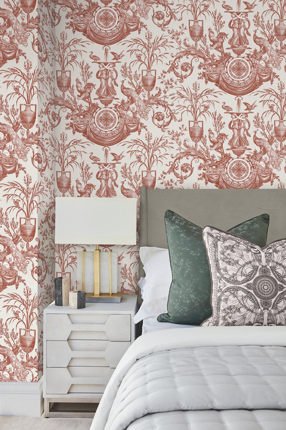 Avian Fountain Toile Brick Wallpaper with Traditional Toile Pattern - York RT7814