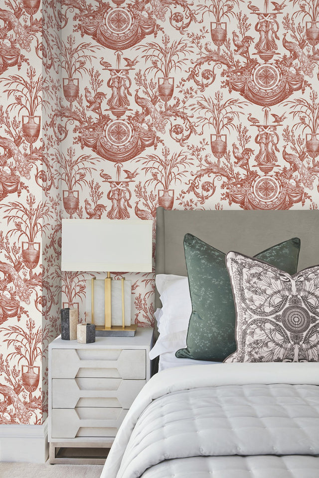 Avian Fountain Toile Brick Wallpaper with Traditional Toile Pattern - York RT7814