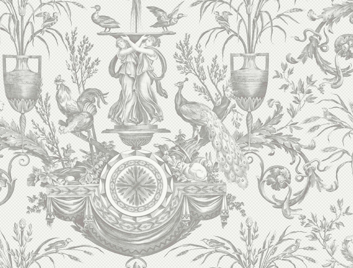 Avian Fountain Toile Grey Wallpaper with Classical Fountain and Birds Motif - York RT7815
