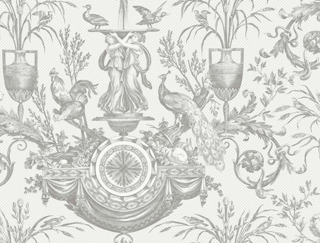 Avian Fountain Toile Grey Wallpaper with Classical Fountain and Birds Motif - York RT7815