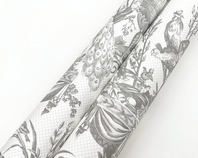 Avian Fountain Toile Grey Wallpaper with Classical Fountain and Birds Motif - York RT7815