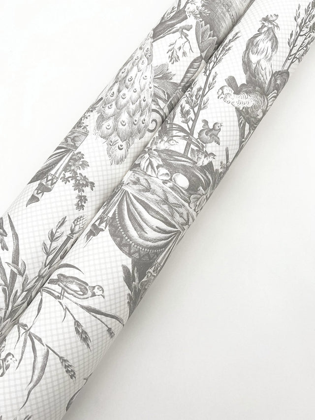 Avian Fountain Toile Grey Wallpaper with Classical Fountain and Birds Motif - York RT7815