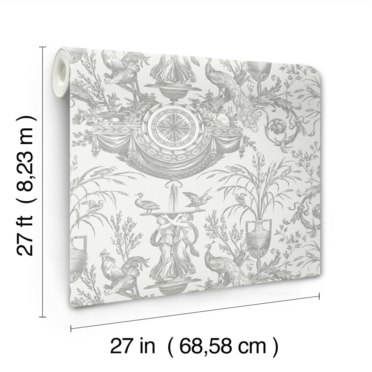Avian Fountain Toile Grey Wallpaper with Classical Fountain and Birds Motif - York RT7815