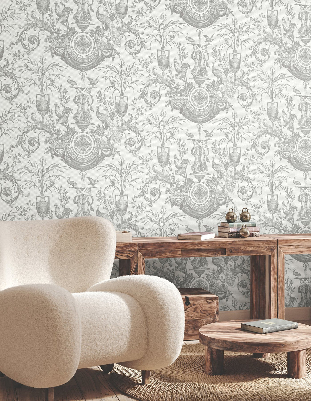 Avian Fountain Toile Grey Wallpaper with Classical Fountain and Birds Motif - York RT7815