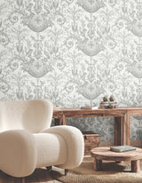 Avian Fountain Toile Grey Wallpaper with Classical Fountain and Birds Motif - York RT7815