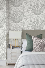 Avian Fountain Toile Grey Wallpaper with Classical Fountain and Birds Motif - York RT7815