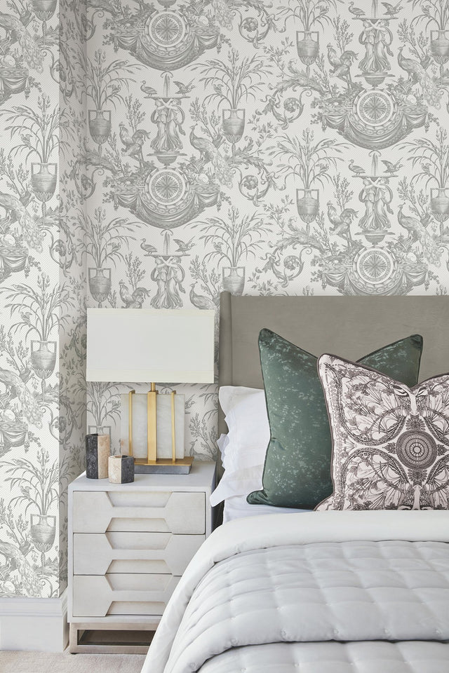 Avian Fountain Toile Grey Wallpaper with Classical Fountain and Birds Motif - York RT7815