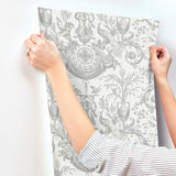 Avian Fountain Toile Grey Wallpaper with Classical Fountain and Birds Motif - York RT7815