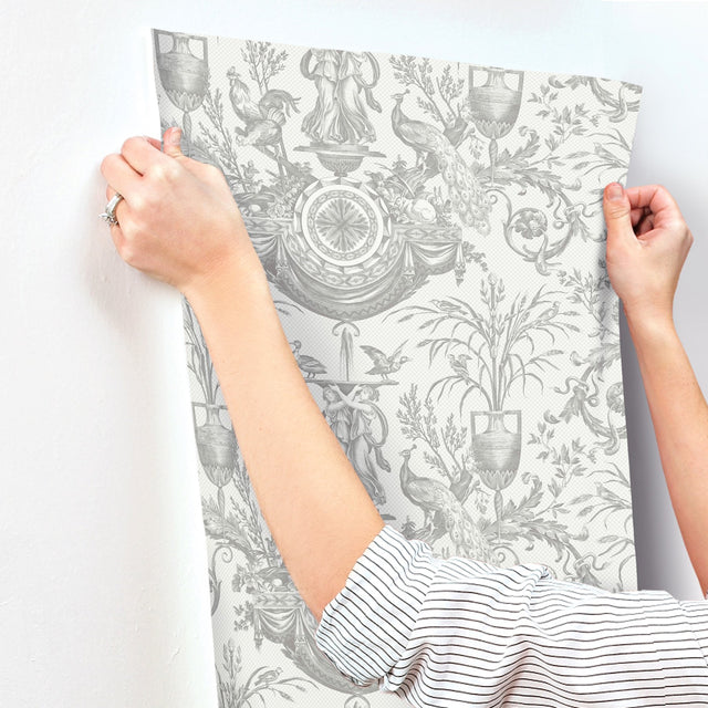 Avian Fountain Toile Grey Wallpaper with Classical Fountain and Birds Motif - York RT7815