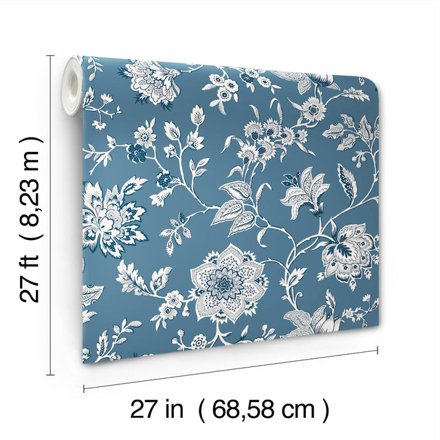 Sutton Blue Wallpaper with Coastal Toile Jacobean Floral - York RT7821