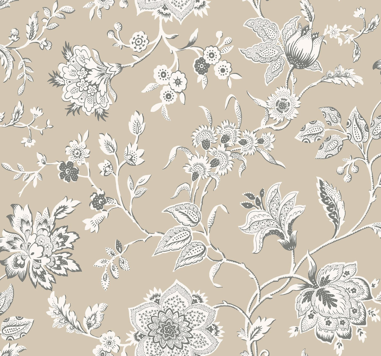 Sutton Taupe Wallpaper with Toile Floral Trail in Coastal Style - York RT7822